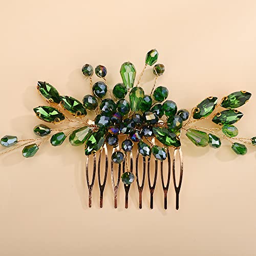 Teyglen Rhinestone Wedding Headpieces Bridal Green Crystal Hair Comb Hair Accessories for Bride Handmade Red Black Blue Hair Pieces for Women Girls(Green) - color: Green