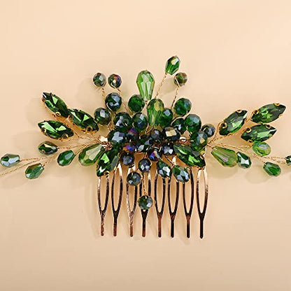 Teyglen Rhinestone Wedding Headpieces Bridal Green Crystal Hair Comb Hair Accessories for Bride Handmade Red Black Blue Hair Pieces for Women Girls(Green) - color: Green
