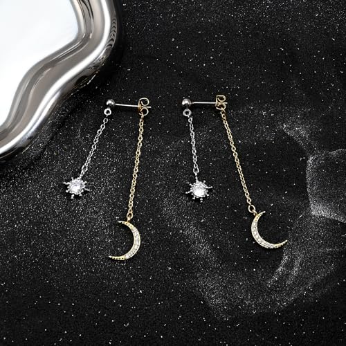 Moon and Star Dangle Earrings | Chain Tassel with Cubic Zirconia Drop Front and Back Earrings Celestial Jewelry for Wedding Gift - color: Silver and Gold
