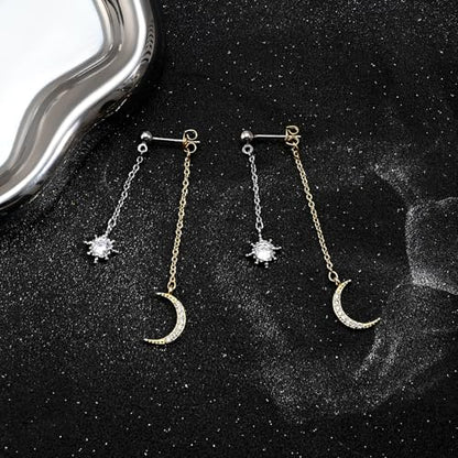 Moon and Star Dangle Earrings | Chain Tassel with Cubic Zirconia Drop Front and Back Earrings Celestial Jewelry for Wedding Gift - color: Silver and Gold