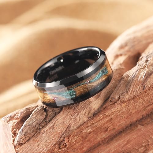 King Will Mens Galaxy Tungsten Wedding Band | 6mm/8mm, Beveled Edge, Comfort Fit, Durable, Sandstone Opal Inlay Polished, Everyday Wear - color: Bluegreen&Brown