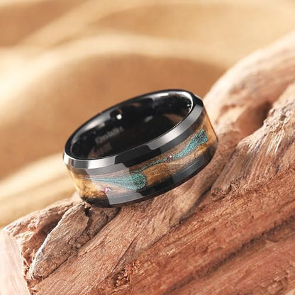 King Will Mens Galaxy Tungsten Wedding Band | 6mm/8mm, Beveled Edge, Comfort Fit, Durable, Sandstone Opal Inlay Polished, Everyday Wear - color: Bluegreen&Brown