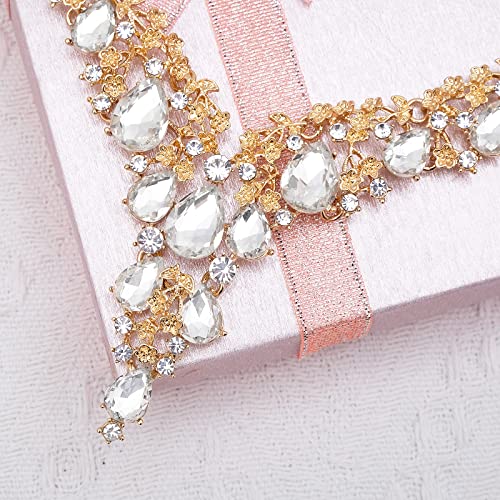CSY Elegant Crystal Costume Jewelry Sets Flower Bridal Necklace Earrings Stretch Bangle Set for Bride Bridesmaid Wedding Dress Accessories - color: white crystal-gold tone