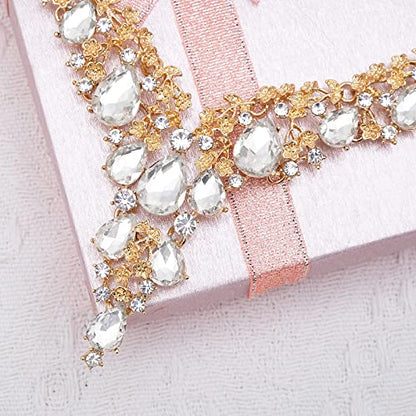 CSY Elegant Crystal Costume Jewelry Sets Flower Bridal Necklace Earrings Stretch Bangle Set for Bride Bridesmaid Wedding Dress Accessories - color: white crystal-gold tone