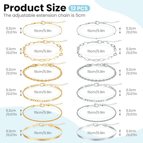 Gold Silver Ankle Bracelets for Women 12 Pcs Cuban Anklet Link Chain Set Multi-layered Wear Boho Bracelet Set Summer Beach Jewelry Accessories