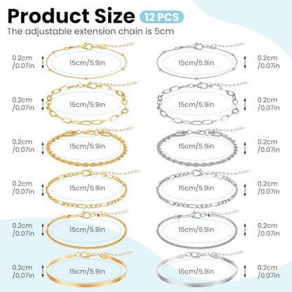 Gold Silver Ankle Bracelets for Women 12 Pcs Cuban Anklet Link Chain Set Multi-layered Wear Boho Bracelet Set Summer Beach Jewelry Accessories