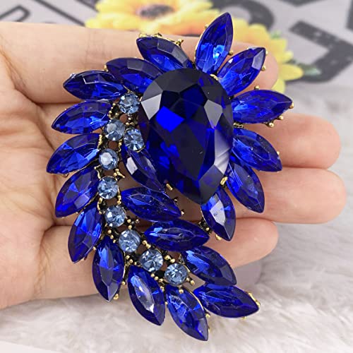 SELOVO Marquise Shape Rhinestone Red Leaf Costume Brooch Pin Jewelry Antiqued Gold Tone - color: Blue