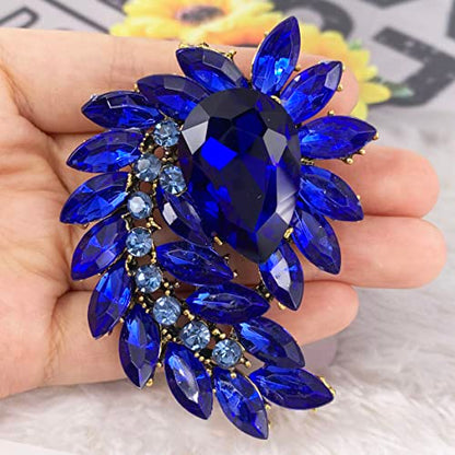 SELOVO Marquise Shape Rhinestone Red Leaf Costume Brooch Pin Jewelry Antiqued Gold Tone - color: Blue