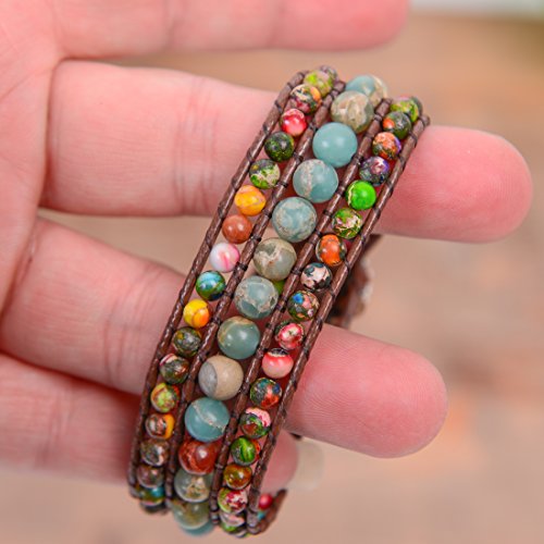 YGLINE Boho Handmade Natural Stone Bead 3 Row Wide Wrap Wrist Statment Bracelet Jewelry Collection - color: regalite ＆agalmatolite