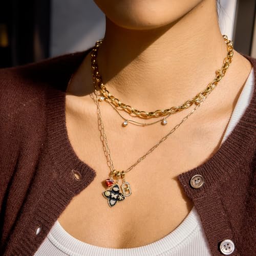 NUZON Multi-Charm Necklace for Women, 18K Gold Plated Stainless Steel Lucky Clover & Daisy Heart Pendant Necklace, NON Tarnish Sliding Charm Necklace Layering Jewelry, Meaningful Gift for Her 18’’ - color: Lucky Clover