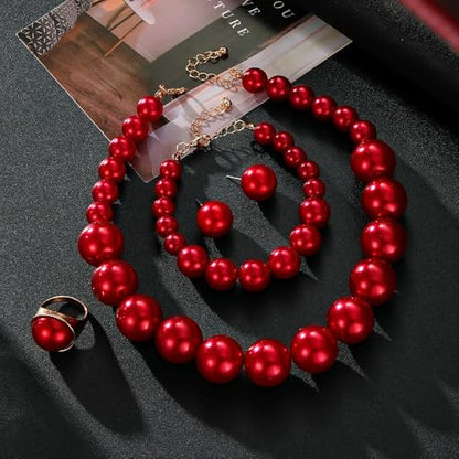 Colorful Round Beaded Earrings Neacklace Set Retro Imitation Pearls Beaded Bracelet Geometric Acrylic Beads Dangle Earrings 70s 80s Exaggerated Necklace Bracelet Jewelry - color: Red B