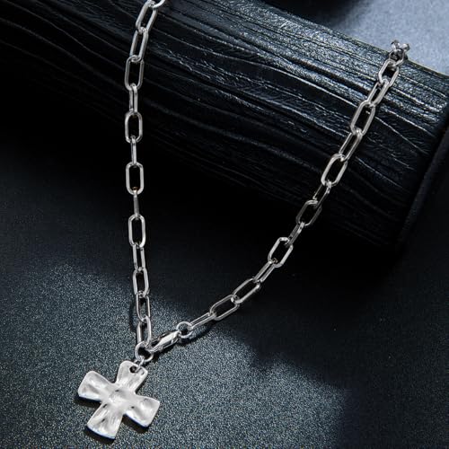 Chunky Cross Necklace for Women,Gold Silver Layered Hammered Cross Pendant Necklace Statement Paperclip Toggle Charm Chain Herringbone Snake Choker Christian Jewelry Outfit Accessories - color: BSilver