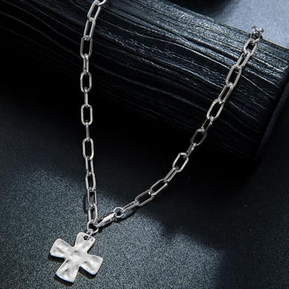 Chunky Cross Necklace for Women,Gold Silver Layered Hammered Cross Pendant Necklace Statement Paperclip Toggle Charm Chain Herringbone Snake Choker Christian Jewelry Outfit Accessories - color: BSilver