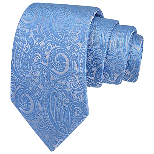 GUSLESON 3.15"（8cm） Mens Tie and Lapel Pin Paisley Necktie Hankerchief Cufflinks Set for Men - color: Light Blue