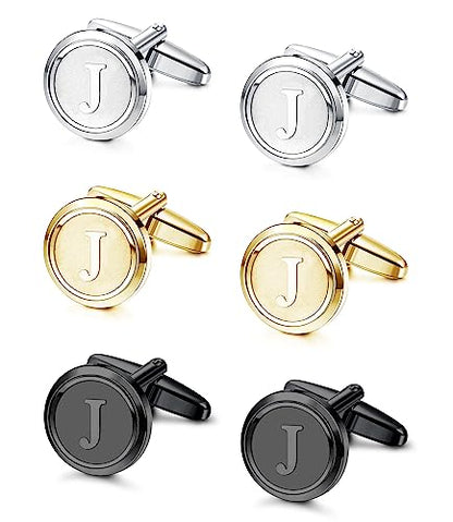 LOLIAS 3 Pairs Initial Cufflinks for Men Classic Mens CuffLinks Set Letter | Cuff Links for Casual to Formal with Gift Box Silver Black 14K Gold Plated Cufflinks for Father Husband Groom Groomsmen Gift - style: Letter J