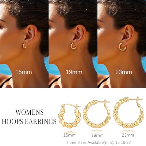 NEARLAND Gold Hoop Earrings for Women 14K Gold Earrings for Women | Twisted Small Gold Hoop Earrings Hypoallergenic 14K Gold Hoop Earrings Lightweight Gold Hoop Earrings for Women 15/19/23mm - size: 15mm