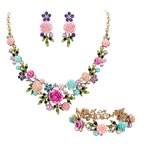 EVER FAITH Costume Jewelry Crystal Simulated Pearl Rose Flower Leaf Prom Party Statement Necklace Earrings Bracelet Set for Women - color: Multicolor Gold-Tone