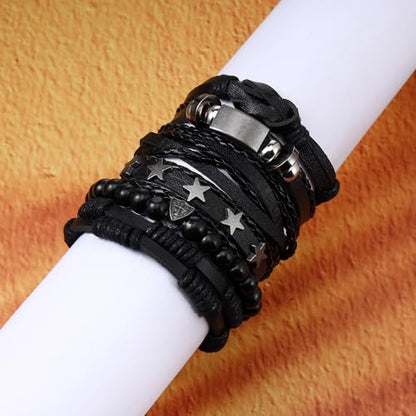 Braided Faux Leather Bracelet Punk Cuff Wrap Bracelets for Men Women Skull,Star,Bull bracelets - color: A6:6PCS