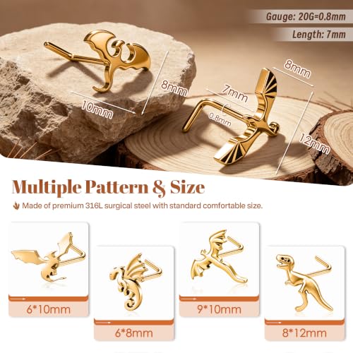 6PCS Dragon Nose Stud Gothic Nostril Ring for Women Men | 316L Surgical Stainless Steel, Fantasy Punk Piercing Jewelry, For Sensitive Skin, L-Shape - color: Gold
