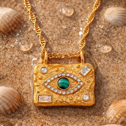 Evil Eye Necklace For Women - 18K Gold Plated Stainless Steel Celestial Moon North Star Eye CZ Gemstone Pendant - Waterproof - Anti-tarnish - Protection Jewelry Gift - style: Rectangle Evil Eye
