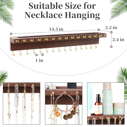 YYILIS Necklace Holder, Upgraded Extra Large Wall Necklace Organizer with 30 Hooks Wall Mounted Necklace Hanger with Jewelry Tray/Cosmetics Shelf Rustic Pine Wood Holder (Walnut) | 30 Hooks Wall Mounted Necklace Hanger with Jewelry Tray/Cosmetics Shelf Ru