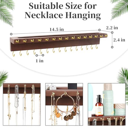 YYILIS Necklace Holder, Upgraded Extra Large Wall Necklace Organizer with 30 Hooks Wall Mounted Necklace Hanger with Jewelry Tray/Cosmetics Shelf Rustic Pine Wood Holder (Walnut) | 30 Hooks Wall Mounted Necklace Hanger with Jewelry Tray/Cosmetics Shelf Ru
