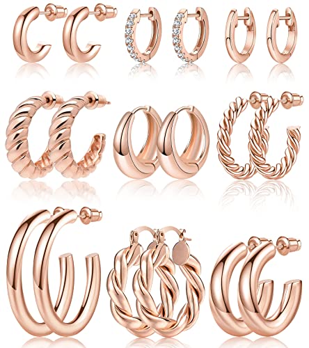 Adoyi 9 Pairs Gold Hoop Earrings Set for Womens Twisted Huggie Hoops Earrings 14K 18K Gold Plated for Girls Valentines Mother's Day Birthday Gifts Lightweight - color: 14K Rose Gold