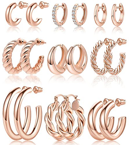 Adoyi 9 Pairs Gold Hoop Earrings Set for Womens Twisted Huggie Hoops Earrings 14K 18K Gold Plated for Girls Valentines Mother's Day Birthday Gifts Lightweight - color: 14K Rose Gold