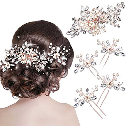 5 Pieces Wedding Hair Comb Bridal Pins Crystal Pearl Wedding Hair Accessories Rhinestone Flower Piece for Bride Bridesmaids Women(Rose Gold) - color: Rose Gold