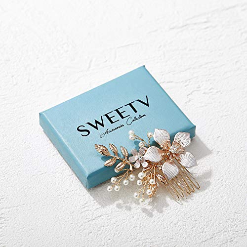 SWEETV Gold Bridal Hair Clip,Floral Bridal Hair Comb Barrette Flower Hair pieces for Brides Wedding - color: Gold-C