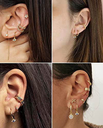 DAILY VIBES Cute Gold Mini Dangle Huggie Hoop Earrings for Women Trendy | 14K Gold Plated, Dainty Cubic Zirconia, Small Hoop Earrings with Charm Drop, Jewelry Gift for Women Ladies - color: Evil Eye CZ