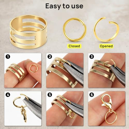1200 Pcs Open Jump Rings, Jump Rings for Jewelry Making, Necklace Keychain Repair Kit with Making Tools Tweezer, Plier, Lobster Claw Clasps, Open Rings for DIY Crafts Keychains (Gold) - color: Gold