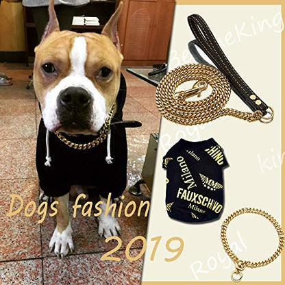 Adjustable 18K Gold Dog Collar Slip Choker Stianless Steel 15mm Big Dog Puppy Necklace Choke Chain Training Collar Cuban Link with Engraving Custom L - size: L