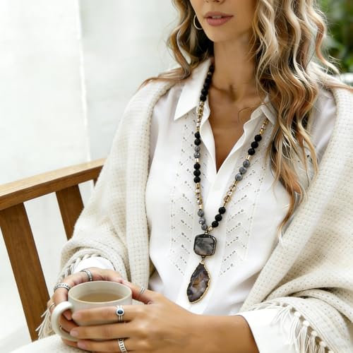 Yomisa Long Necklaces for Women Trendy, 33/34/35 inch | Boho Beaded Necklaces for Women, Natural Stone Pendant, Handmade Knotted Bead, Bohemian Holiday Summer Western Charm Jewelry - color: 34inch-Lava Stone