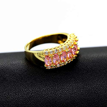 Uloveido Beautiful Women's 7 Stones Wedding Band Oval Cubic Zirconia Engagement Anniversary Rings J501 - color: Gold-Pink