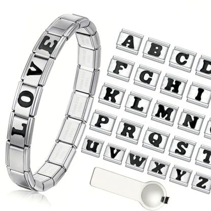 Italian Charms Bracelet Sets Heart Brascelet,18 of Charms and Opening Tools (8 Random Pattern and 10 Blank Modules) - style: 1 Set Letter3-Silvery