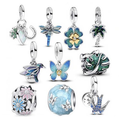 10 Pack Silver Bead Charms for Bracelets and Necklaces Pendant Dangle Beads Jewelry Gifts for Women Charm Set - color: Spring Butterfly