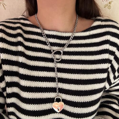 Heart O Ring Slip Chain Choker Necklace for Women Men Stainless Steel Cuban Chain Y-shape Necklaces Punk Rock Collar Adjustable Lariat Y Necklace Prom Necklaces Jewelry - color: Silver lock