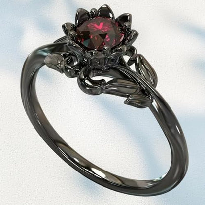 Cubic Zirconia Rings For Women, Gothic Ring Black Flower Crystal Stackable Trendy Floral Eternity Travel Engagement Statement Wedding Birthday Jewelry Gift - color: Goth Black Red