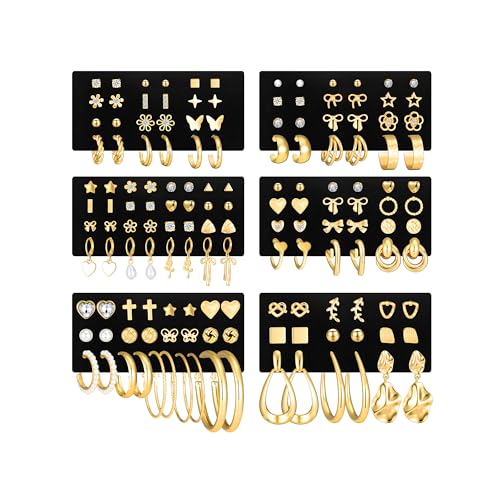 84 Pairs Gold Stud Earrings Set for Women Multipack, Fashion Pearl Cubic Zirconia Butterfly Earrings Packs Piercings, Hypoallergenic Stud Hoops Earrings for Gift - color: Style07-gold