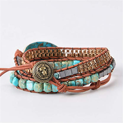 YGLINE Boho Handmade Wrap Leather Tube Crystal Stone Bracelet for Women - color: Turquoise