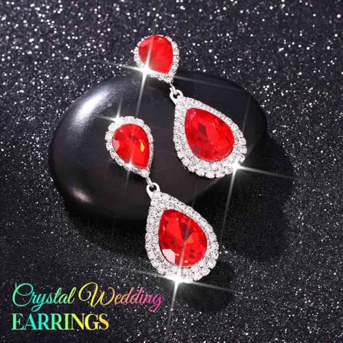 Catery Crystal Wedding Earrings Silver Rhinestone Ear Rings Teardrop Bridal Ear Jewelry for Brides and Women - color: Red