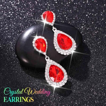 Catery Crystal Wedding Earrings Silver Rhinestone Ear Rings Teardrop Bridal Ear Jewelry for Brides and Women - color: Red