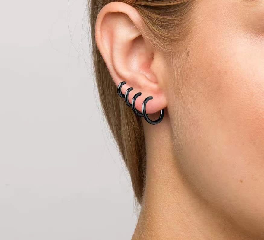 Titanium Huggie Hoop Earrings Hypoallergenic Nickel Free Hinged Sleeper Earrings for Sensitive Skin Cartilage Helix Lobes - style: Huggie 14mm black