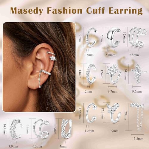 12PCS 14K Gold Plated Ear Cuff Earrings for Women Non Piercing Adjustable Ears Clip on Cartilage Earring Stack Dainty Fake Piercings Non Tarnish Helix Wrap Earrings Set Trendy Jewelry - color: Silver
