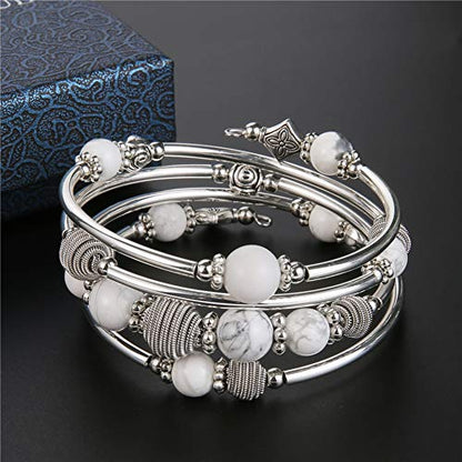 PEARL&CLUB Beaded Chakra Bangle Turquoise Bracelet - Fashion Jewelry Wrap Bracelet with Thick Silver Metal and Mala Beads, Birthday Gifts For Women - color: Howlite