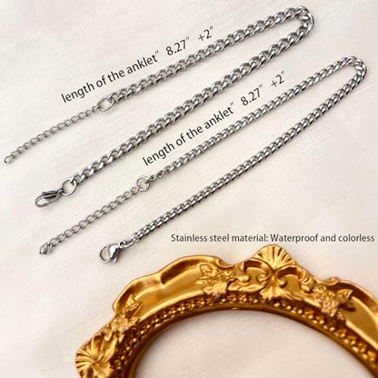 Silver Ankle Bracelets for Women Waterproof Stainless Steel Anklet Adjustable Layered Cuban Silver Anklets Set Summer Beach Foot Jewelry Gift - color: Cuban silver