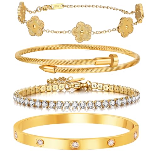 18K Gold Plated Stackable Love Bangle Bracelet Set for Women - 3 Pcs Stainless Steel Chain Bracelet Cubic Zirconia Tennis Bracelet Gold Bangle Set Gift for Wife - color: Gold Floral Bracelet Set