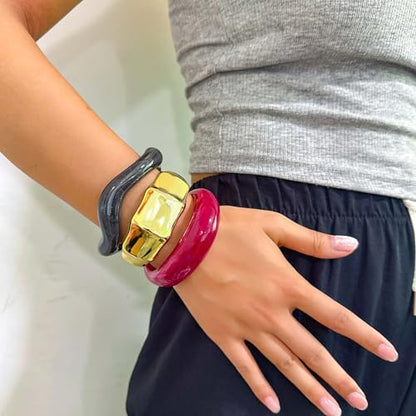 2PCS Chunky Acrylic Bracelet for Women Large Square Resin Cuff Vintage Open Bangle Bracelets Wide Geometric Jewelry - style: C-Gold+Red+Black