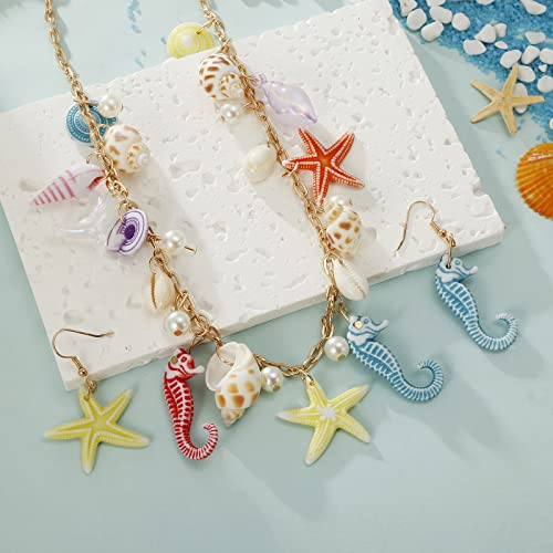 RUOFFETA Shell Starfish Necklace Bracelet Conch Statement Chunky Necklace Mermaid Costume Jewelry Beach Jewelry for Women - style: Necklace & Earrings